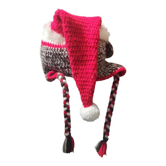 Sock Monkey Beanie Hat Braids Ear Flaps Santa Hat Crocket - Picture 4 of 6